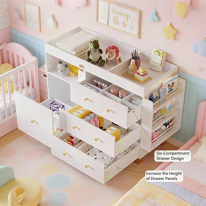 Wooden Baby Changing Table Dresser,Diaper Changing Table with Large Tabletop,4 Drawers, Open Storage Space & Side Shelves,Modern Storage Crib with Changing Table for Nurseries and Baby Rooms,White