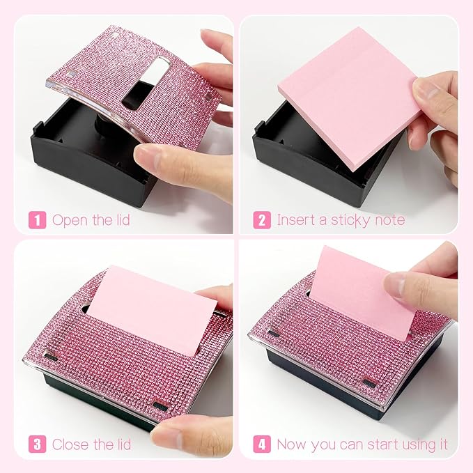 Pink Rhinestone Sticky Note Dispenser 4x4 Inches | Bling Pop-Up Memo Holder for Office Desk, Cute Desktop Organizer, Employee Coworker Gift, Home Supplies