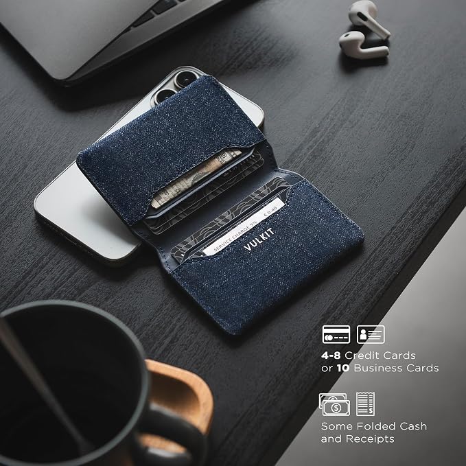 VULKIT Slim Minimalist Card Holder RFID Blocking Leather Credit Card Holder Front Pocket Wallet Magnetic Closure, Denim Blue
