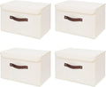 ANMINY 4PCS Storage Bin with Lid Storage Boxes with PU Leather Handles PP Plastic Board Decorative Foldable Lidded Cotton Linen Fabric Home Cubes Baskets Closet Organizer Container - Beige, Medium