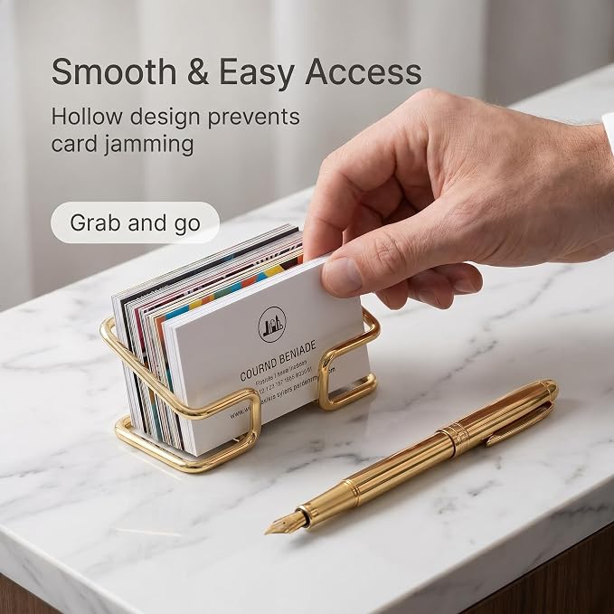 Business Card Holder for Desk, Metal Name Card Display Stand | Shiny Plated Metal Desk Organizer for Office, Front Desk, Stationery Shop