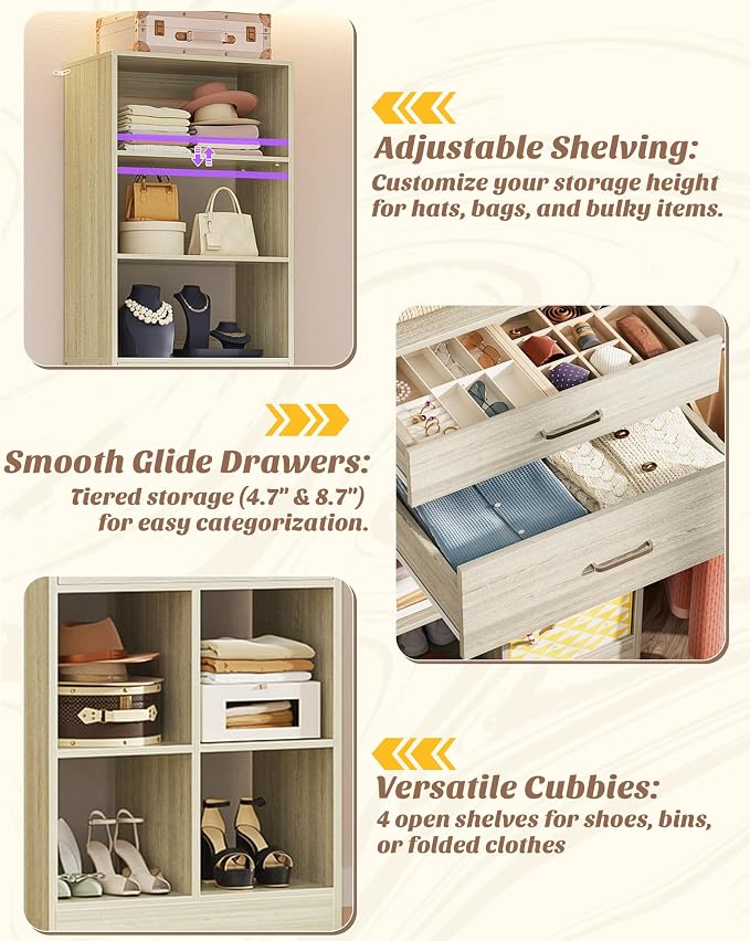 Besiost 22" Closet System with Drawers, Small Closet Organizer for Walk in Closet, Bedroom & Nursery, Wardrobe Storage Unit with Storage and Shelves, Enclosed Storage Volume 2.58 ft³, Greige Oak