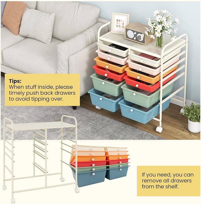 BECOMFORT 12-Drawer Rolling Cart with Drawers, Storage Cart on Wheels, Teacher Classroom Organizers with Metal Frame, Mobile Craft Cart, Trolley Utility Cart for School Office Play Room