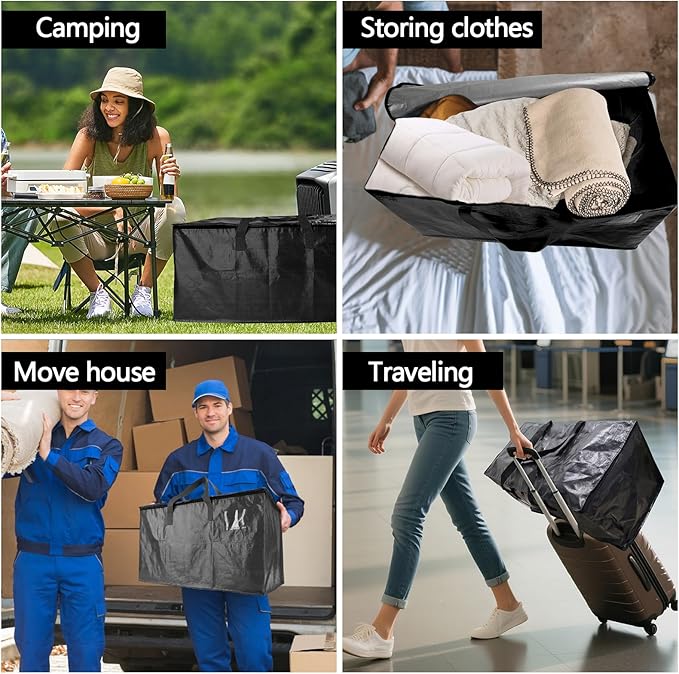10 Pack Waterproof Moving Bags with Strong Zippers and Reinforced Handles, Real 100lb Capacity Extra Heavy Duty Large Storage Totes for Packing & Moving Storing, Alternative to Moving Boxes -95L,Black