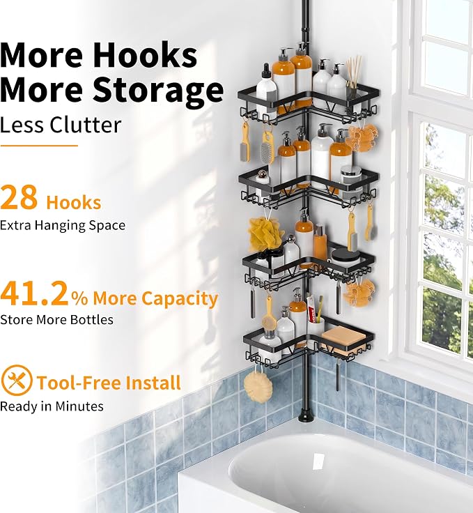 KEGII Corner Shower Caddy Tension Pole - Shower Tension Rod Organizer, Floor to Ceiling Shower Caddy 25-114.2 inch, Towel Rack Corner Waterproof, Black