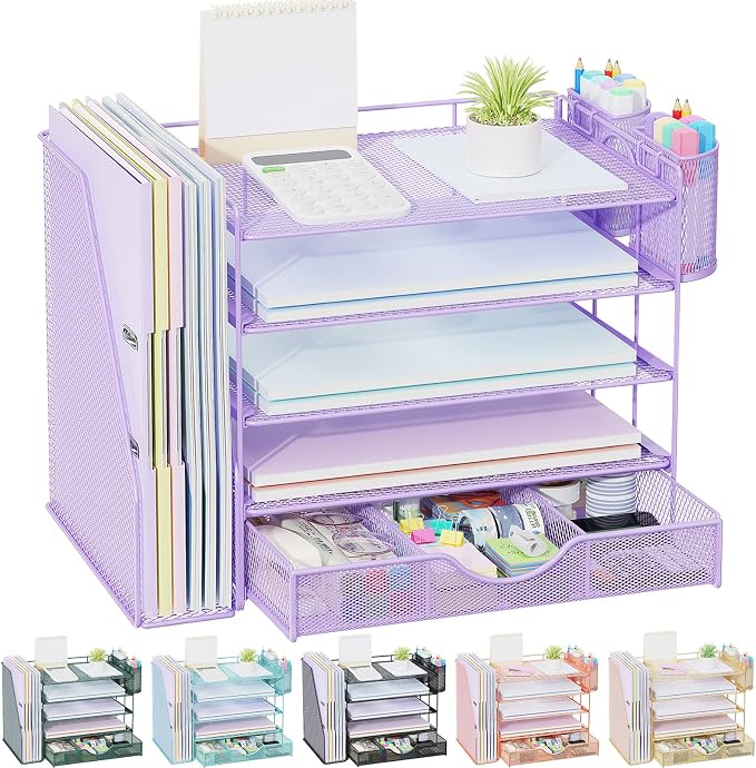 gianotter 5-Tier Desk Organizer with Drawers, File Holders, Letter Trays and Pen Holders - Workspace Accessories for Office Supplies (Light Purple)
