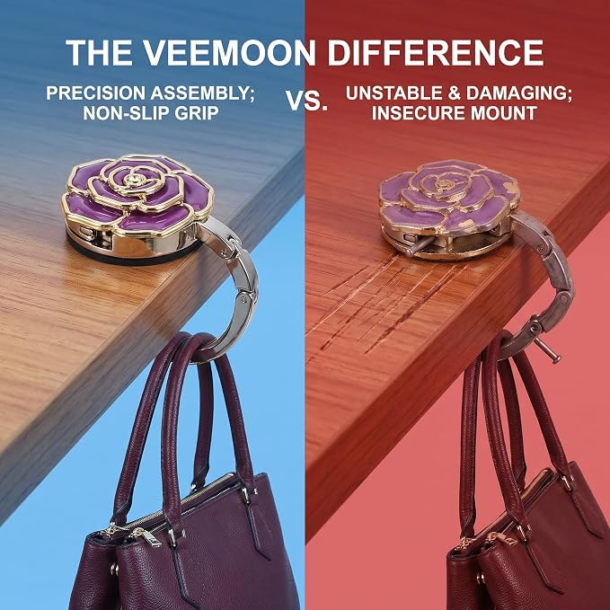 Veemoon Purse Hook for Table, Foldable Handbag Hanger Folding Desk Rose Bag Holder Portable Mteal Bag Storage Organizer, Hanging in Table Wardrobe for Home Office Women Girls Giftware, Total 4.13"