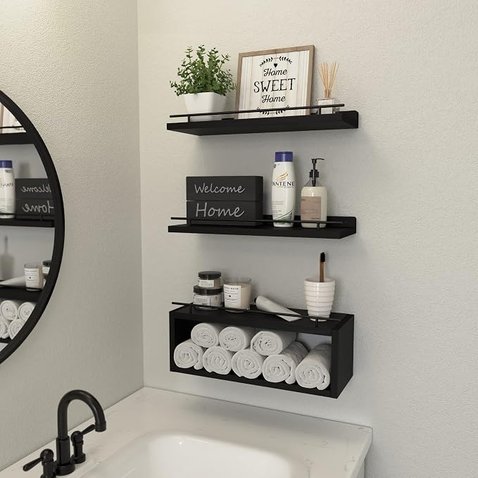 WOPITUES Floating Shelves for Wall with Cube Shelf, Wall Shelves with Metal Rail for Bathroom Decor, Bathroom Organizers and Storage, Over Toilet Shelves for Toilet Paper-Black