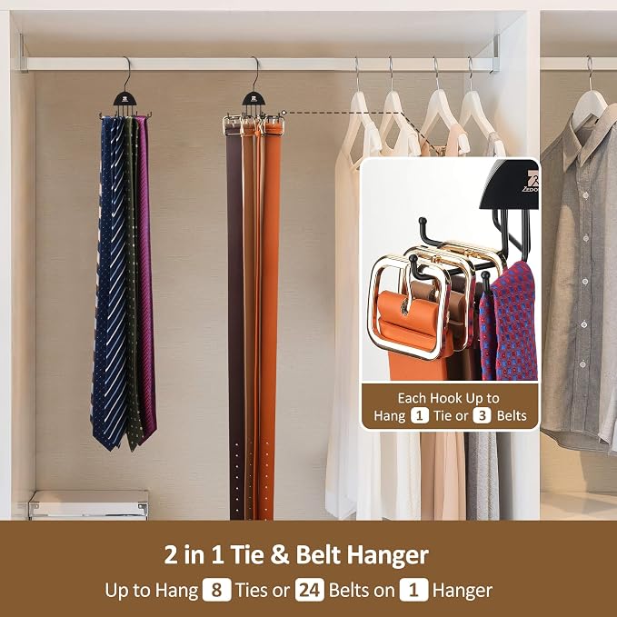 ZEDODIER 2 Pack Tie Hanger & Belt Organizer, Rotatable Tie Rack Space Saving Tie Holder with 16 Adjustable Hooks for Closet Organizers and Storage, Sturdy Belt & Tie Collection Storage, Black