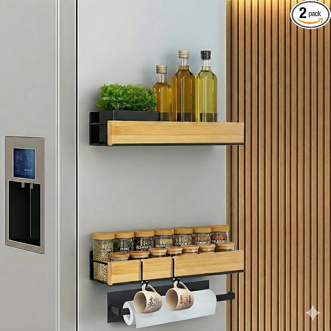 2 Pack Magnetic Spice Rack for Refrigerator – Strong Magnetic Shelf for Fridge, Large Spice Organizers, Paper Towel Holder & 8 Hooks – Kitchen Storage by Home Haven.