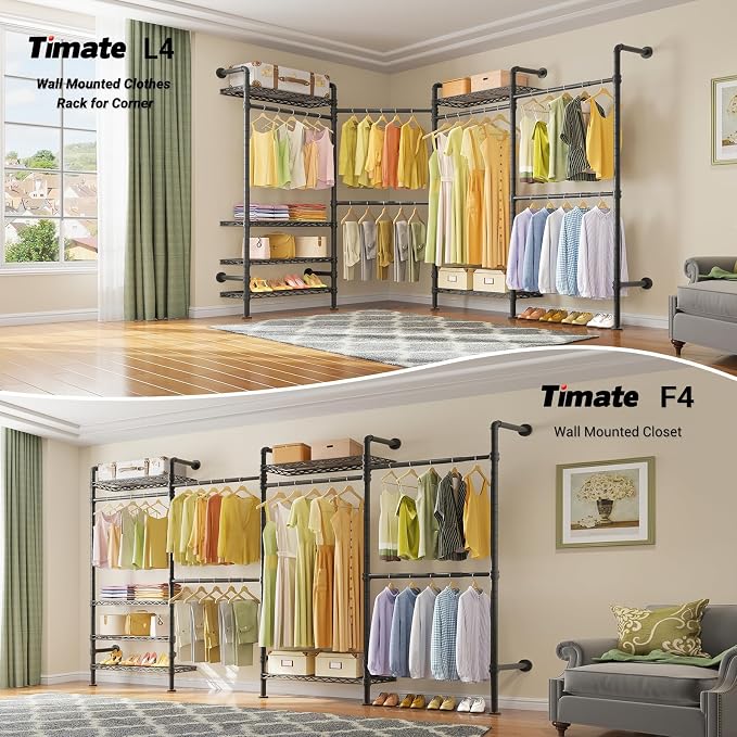 Timate F4 Wall Mounted Clothes Rack Industrial Pipe Clothing Rack for Hanging Clothes, Expandable Garment Rack Heavy Duty Wardrobe Closet Organizer and Storage, Black Adjustable Industrial Closet Kit