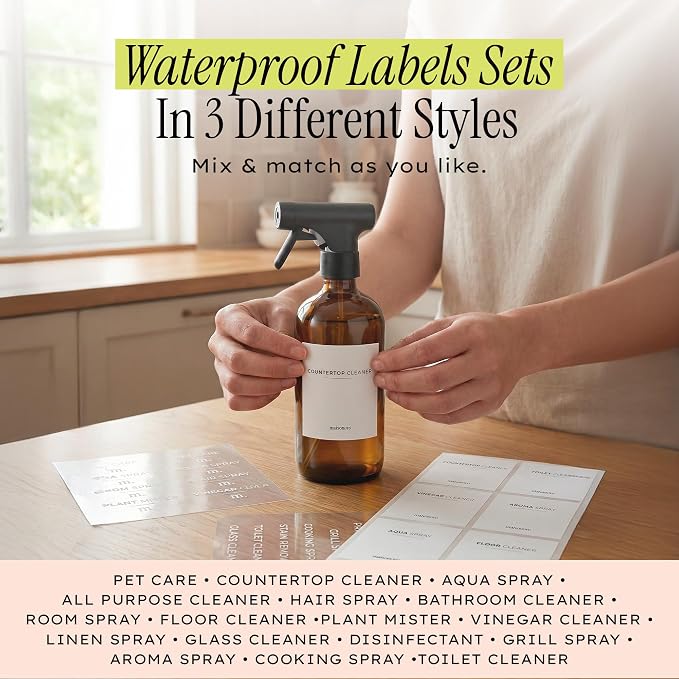 MAISONOVO Glass Spray Bottles 16.9 Oz Pack of 2 - Durable Amber Spray Bottles with Fortified Glass & Fine Mist Pumps - Ideal for Salons, Barbers, Stylists, Pet Groomers & Daily Hair Care - 16 Labels