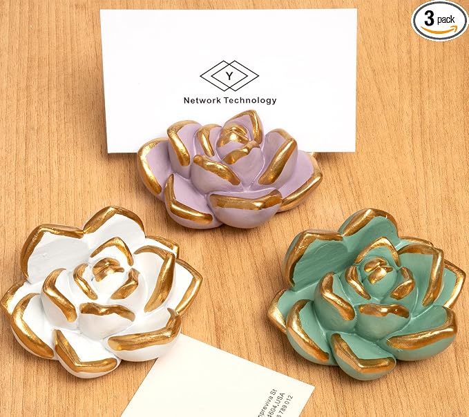 Resin Succulent Business Card Holder Set of 3 - White, Pink, Green - Modern Desk Organizer and Display Stand for Office, Store - Vertical Name Card Holders - Unique Gift and Decor