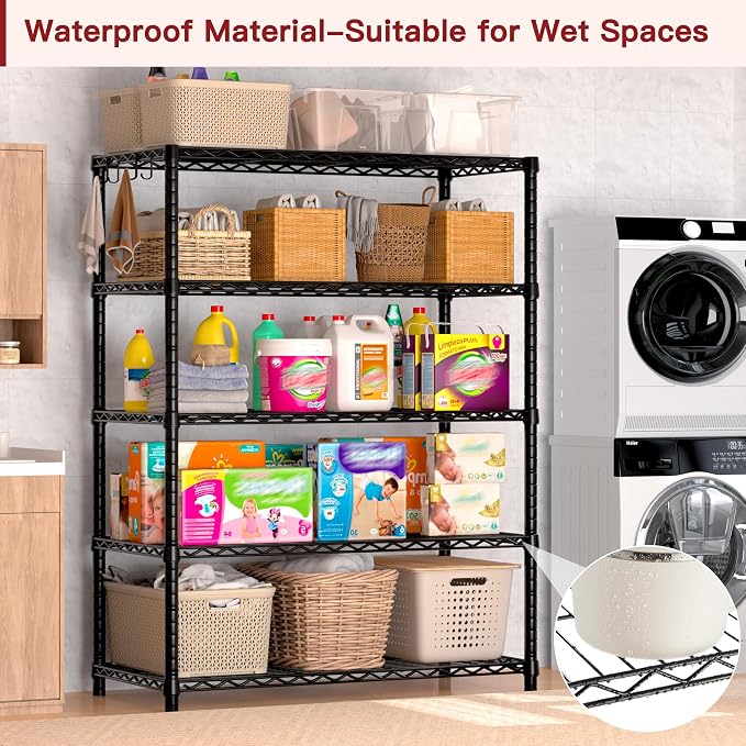 PrimeZone Wire Metal Storage Shelves - 5 Tier Adjustable NSF-Certified Heavy Duty Garage Shelving Unit Organizer Rack, Steel Utility Shelf for Kitchen, Pantry, Closet, 35.5" W x 14" D x 72" H, Black