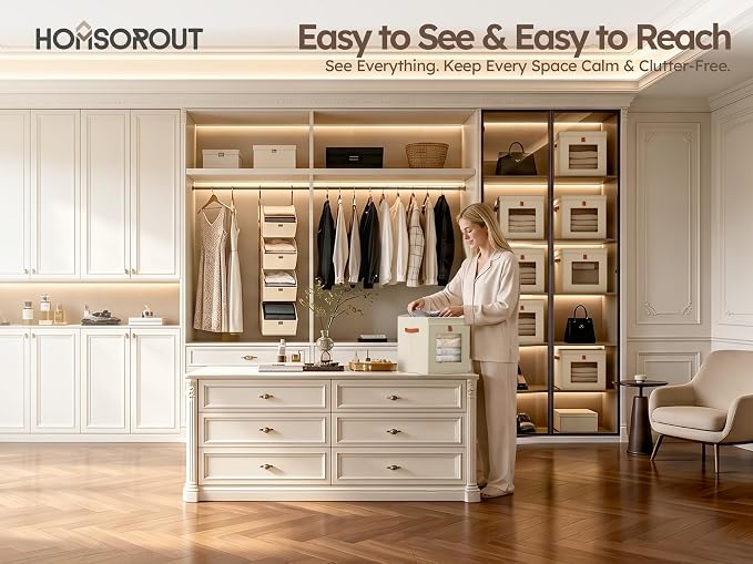 Homsorout Cube Storage Bins with Lids - Front Opening, Clear Window | 11.8" Cube Fit, Stackable Design, Foldable Storage, Dust Protection, Easy Carry Handles, Ideal for Closet, Shelf, Dorm & RV