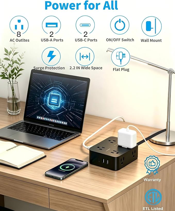 HANYCONY Surge Protector Power Strip 15 Ft, Flat Plug Extension Cord with 8 Outlets and 4 USB Ports(2 USB C), Wall Mount Outlet Extender Charging Station for Home Office Desk Essentials, Black
