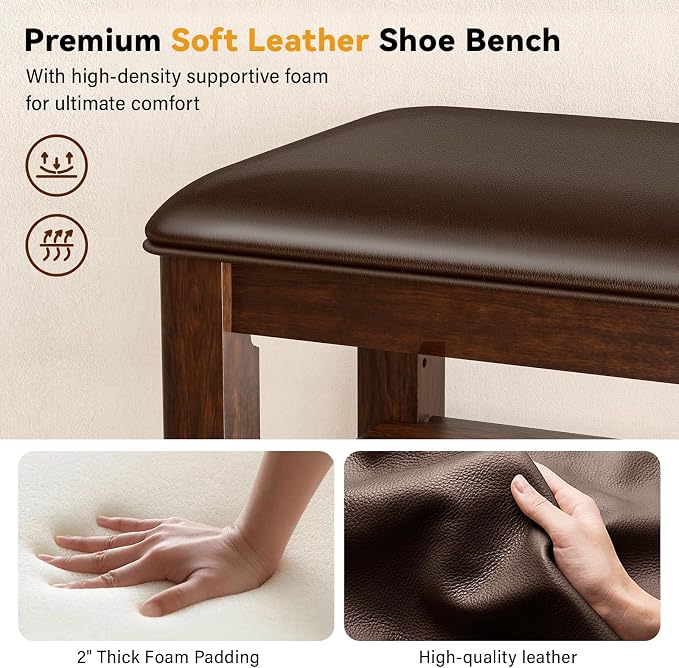 Taitiy Shoe Bench Storage Rubberwood for Entryway Bench Ideal for Hallways Shoe Rack Front Doors Entrances Mudrooms Featuring 3 Height-Adjustable and Removable Shelves