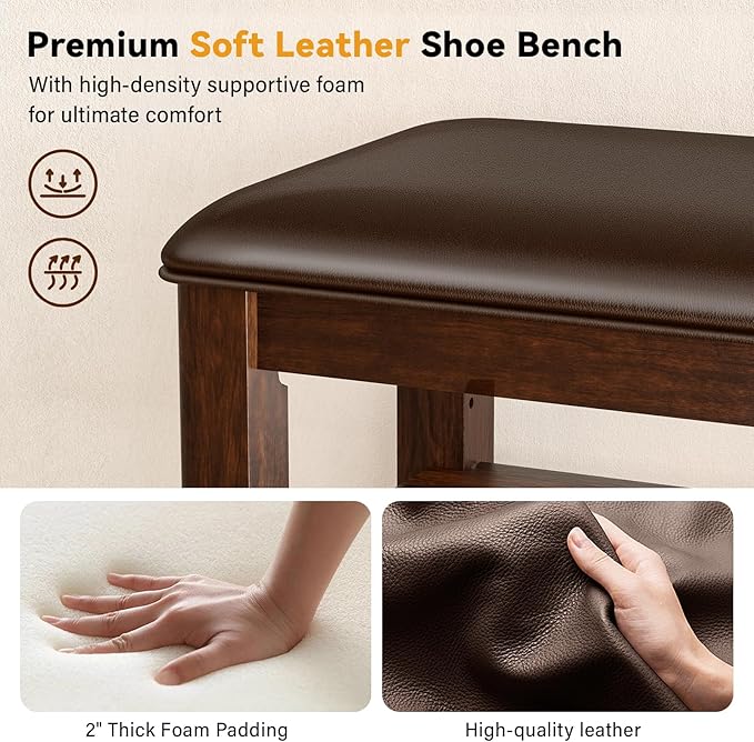 Taitiy Entryway Shoe Storage Bench, Shoe Organizer Bench for Entryway, Ideal for Hallways Front Doors Entrances Mudrooms Featuring Rubberwood and 3 Height-Adjustable and Removable Shelve