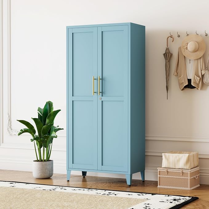 Lockable 61 Inch Tall Metal Storage Cabinet,2-Door Metal Pantry Cabinet with Adjustable Shelves, 4-Tier Steel Storage Locker for Bedroom Kitchen, Home Blue 61" H X 27.6" W X 13.8" D