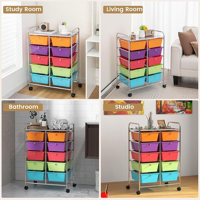 HAPPYGRILL 10-Drawer Rolling Storage Cart, Storage Organizer Cart with Lockable Wheels, Beauty Salon Movable Utility Cart for School, Office, Home, (Colorful)