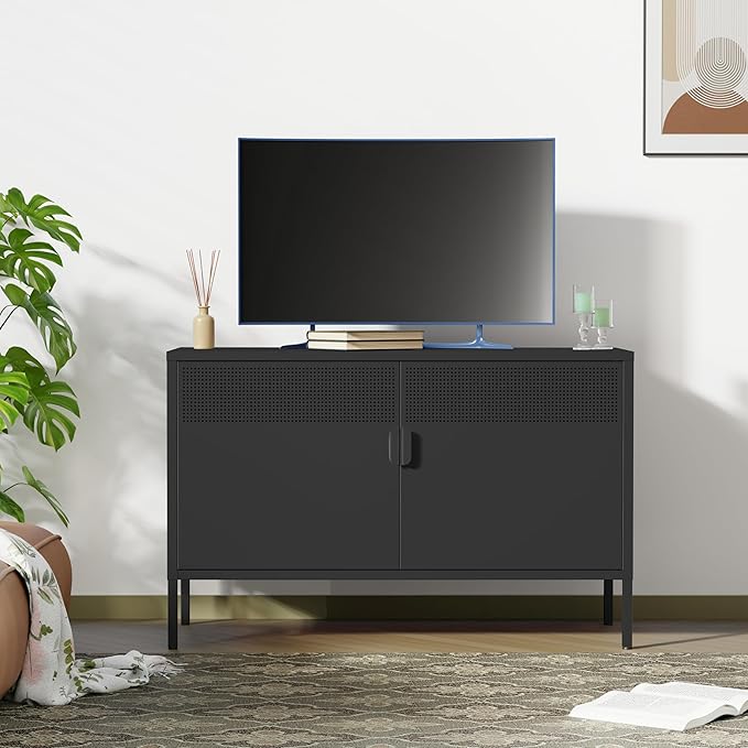 Ustamio Black Wide Metal Locker Storage Cabinet, 2 Door Accent Cabinet for Home and Office, 2 Tier Low Metal Cabinet With Doors and Shelf, Multipurpose TV Stand