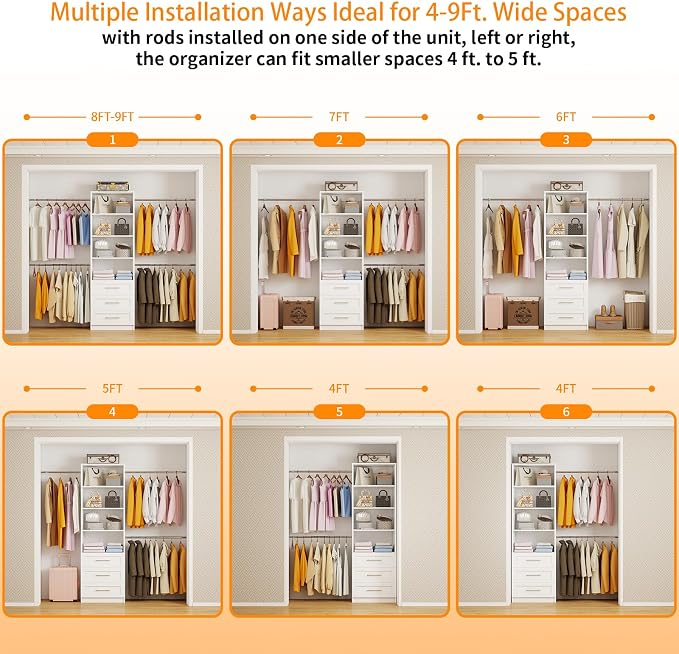 Closet System, 5FT-9FT Closet Organizer System with 4 Expandable Hanging Rods and Moveable Shelves, 115" Walk in Closet System with 3 Wooden Drawers, Custom Built in Closet, Wall Mount