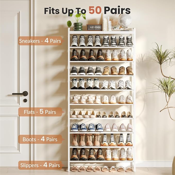 10 Tier Shoe Rack Organizer for 40-50 Pairs, Tall Metal Shoe Storage Shelf with Wood Top, Adjustable Boot Space, Narrow Design for Entryway Closet,White