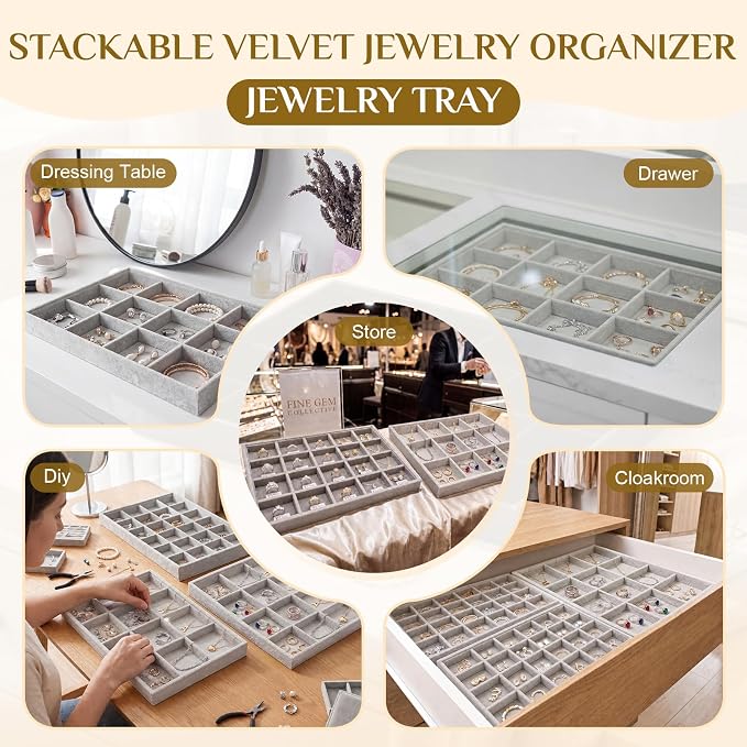 Unittype Set of 4 Stackable Jewelry Organizer Tray for Drawer Inserts Velvet Necklace Earring Bracelet Ring Holder Jewelry Display Storage Box for Bangle Stud Necklace Ring(24+12 Grid,Gray)