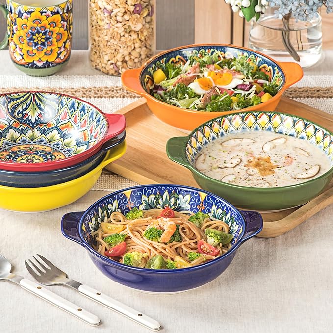 Henten Home Ceramic Soup Bowls Set，30 oz Ceramic Pasta Bowls Set of 6, Colorful Serving Bowl with Handle, for Salad, Cereal, Dinner, Bohemian Style, Microwave & Dishwasher Safe
