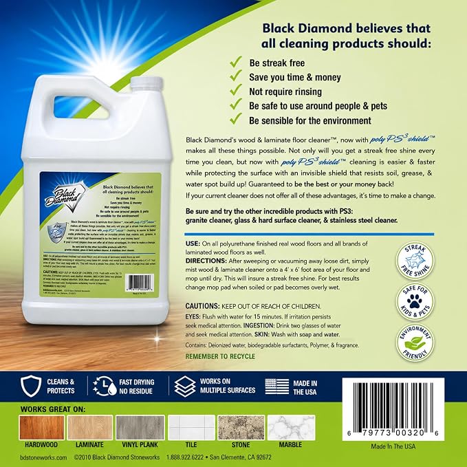 Black Diamond Stoneworks Wood & Laminate Floor Cleaner – No-Rinse Streak-Free Cleaner for Hardwood, Laminate, Engineered Wood & Luxury Vinyl Plank Floors (1 Quart & 1 Gallon)