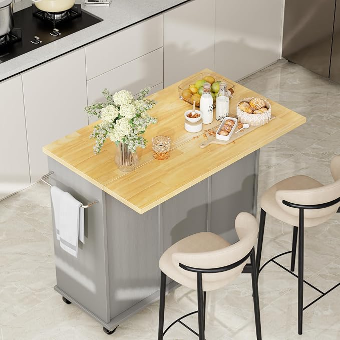Shintenchi Kitchen Island with Storage, Bar Cart Cabinet Island Table on Wheels, Rolling Microwave Cart for Kitchen with Drop Leaf, Drawers, Towel Rack, Seating Area for Dining Room, Gray