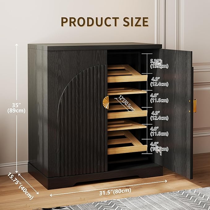 Vlsrka Rotating Shoe Storage Cabinet with Doors and 6 Tier Shelves, Black | Suitable for 18 Pairs Shoe Organizer, Freestanding, Pull Out Shoe Rack, Wooden Entryway Cabinet for Hallway, Closet, Indoor
