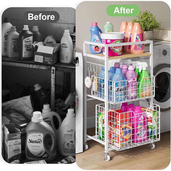 Hongtamoya 3 Tier Laundry Room Cart with Pull-Out Baskets, Storage Cart with Wheels, Rolling Cart with Wood Top Metal Bathroom Laundry Room Organization Mobile Shelf Unit Organizer Trolley, White