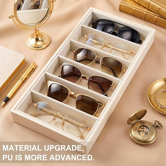 Juexica 4 Pcs Velvet Sunglasses Organizer Tray 6 Grid Sunglass Organizer Velvet Tray Stackable Glasses Display Case for Women Glasses Jewelry Display Watch (Beige PU)