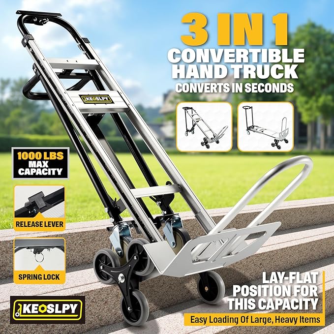 Upgraded 3 in 1 Industrial Convertible Hand Truck 1000 LBS Capacity, Aluminum Heavy Duty Hand Truck Dolly, Stair Climbing Dolly Cart Utility Platform Cart with Wheels for Transport & Moving