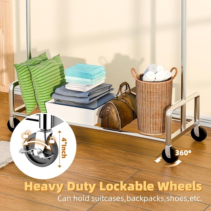 Simple Trending Heavy Duty Clothing Clothes Rack with Wheels for Hanging, Metal Rolling Garment Rack Organizer Load 500 LBS, Chrome | 500LBS Load, Metal Garment Rack, Industrial 360° Lockable Wheels, Bottom Shelf, Bedroom, Laundry Room