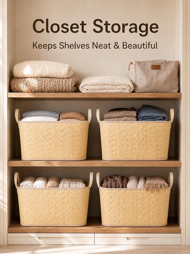 BROWNLILY Oversized Storage Baskets Laundry Hampers with Structured Frame & Supported Bottom, Extra Large Closet Bins for Shelves Blankets Car Bedroom Bathroom Organizers (Pack of 4, Natural)