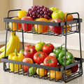 Sakugi Fruit Basket for Kitchen Counter - 2-Tier Fruit Bowl with Removable Banana Hanger & Handles, Rustproof Fruit Holder for Kitchen, Living Room, Bathroom, 14.6"×9.0"×12.9", Black