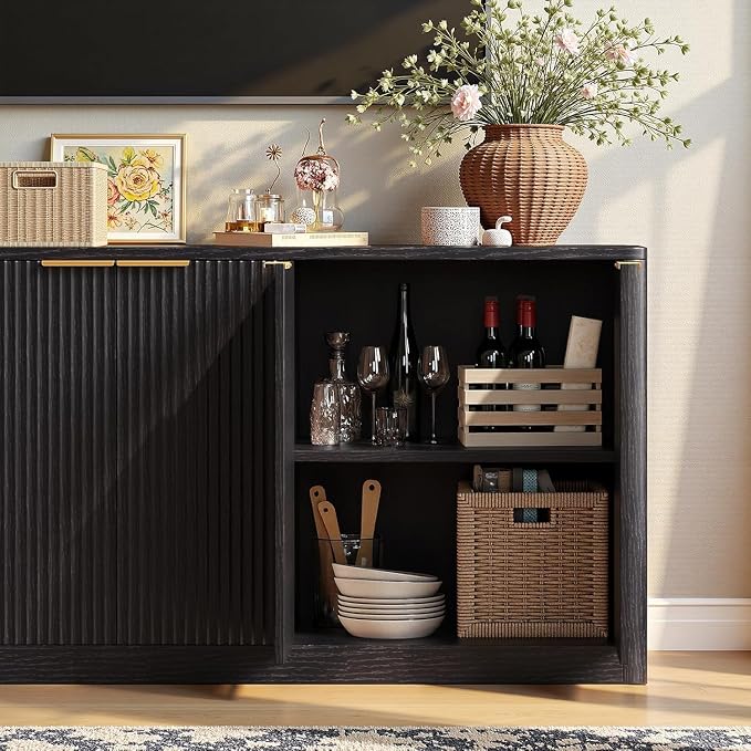 Evermagin 67" Fluted Black Buffet Cabinet with Storage | Mid-century modern wood sideboard, large credenza with 6 doors for kitchen or living room, 67"W x 31.5"H x 15.7"D