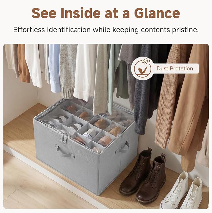StorageWorks Shoe Organizer for Closet, Fits up to 16 Pairs, Shoe Cubby Storage Containers with Adjustable Dividers and Clear Cover, Grey