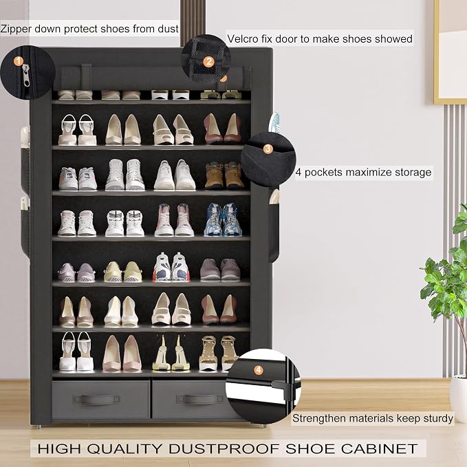 OYREL Shoe Rack Storage Cabinet with Dustproof Cover Two Boxes | 32 Pairs Tall Shoe Organizer Shelf for Closet Large Free Standing Shoe Rack Vertical Shoe Holder Stand