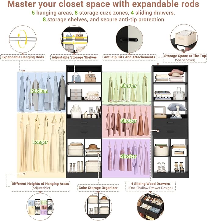 Besiost Closet System, 7.4ft-10ft with 4 Wooden Drawers and 5 Hanging Rods, Can Fit 88 to 123 inch Walk-in Closet System, Black