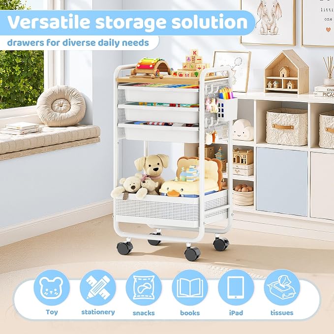 Metal Rolling Storage Cart with 3 Drawers - Utility Cart on Wheels with Pegboard & Wood Tabletop, Multifunctional Trolley Organizer with Hooks & Bin for Living Room,Bedroom,Craft Room,Office,Kids Room