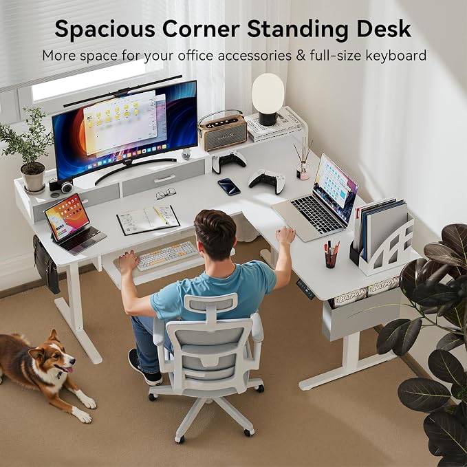 WALKINGDESK 63 Inches Height Adjustable L Shaped Standing Desk with 2 Drawers and Keyboard Tray, Electric Sit to Stand Home Office Comupter Table, Ergonomic Corner Gaming Desk, White