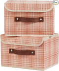 2PCS Storage Boxes with Lid 3D Textured Fabric Storage Bins Closet Organizer Containers Decorative Collapsible Washable Shelf Baskets with Faux Leather Handles (Light Salmon, Small Size)