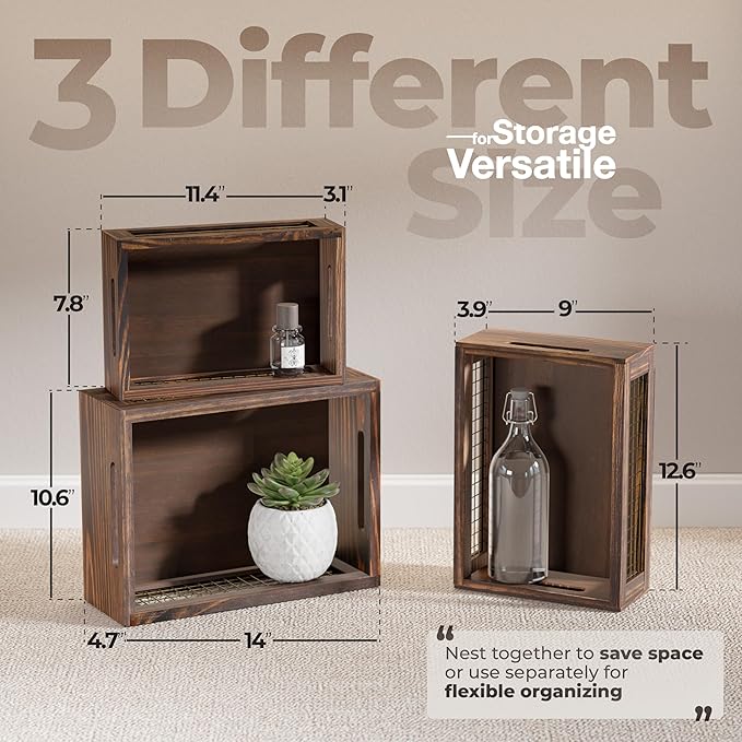 Set of 3 Wooden Nesting Countertop Baskets, Rustic Wood Storage Crates with Handles for Kitchen, Pantry, Bathroom, Fruit, Vegetables, Bread
