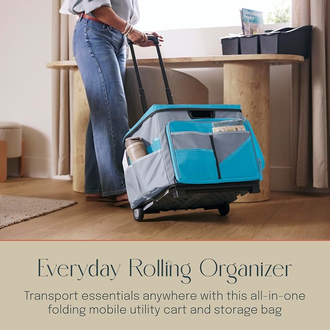 Folding Mobile Utility Cart, Canvas Organizer Bag, Turquoise/Grey | Durable plastic, 30 compartments, adjustable handle, 40 lb capacity, collapses to 3" thick, rolling wheels for easy transport