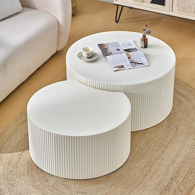 Nesting Coffee Table Set of 2, Modern Drum Side Table End Table, Wave Stripe Round Coffee Table for Living Room, Bedroom, Beige-02