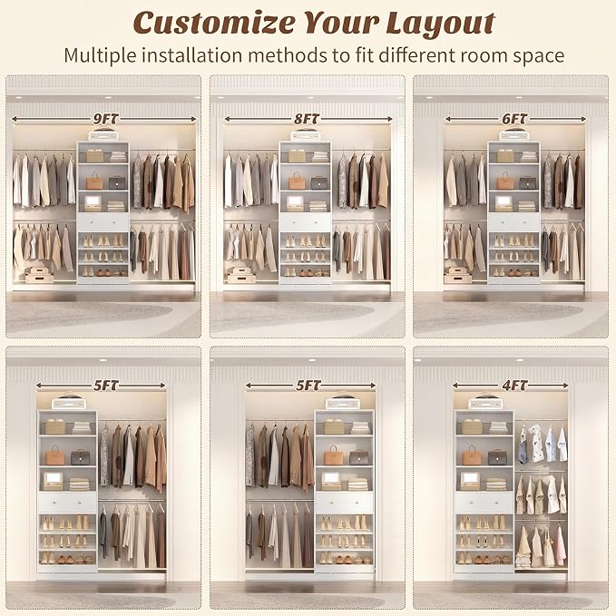 Armocity Wood Closet Organizer System with Sensing Light - 4FT-9FT Expandable Wardrobe Closet with Drawer & 4 Hanging Rods, Heavy Duty Walk-in Closet 1000Lbs for Bedroom Walk-in Closet, White