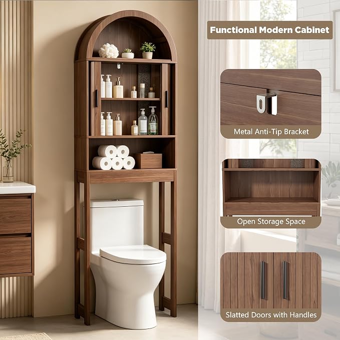 Arched Over The Toilet Storage Cabinet, Walnut Freestanding Bathroom Organizer with Sliding Door, Adjustable Shelf & Anti-Tip Device for Bathroom, Laundry